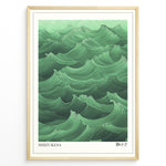 Ladda upp bild till gallerivisning, Japanske plakater | Framed art print of stylized green ocean waves titled &quot;Shizukesa,&quot; with Japanese kanji characters representing tranquility.

