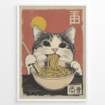 Ladda upp bild till gallerivisning, Japanske plakater | Vintage-style illustration of a tabby cat eating ramen noodles with chopsticks, set against a red background with a yellow sun and Japanese kanji.
