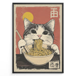 Ladda upp bild till gallerivisning, Japanske plakater | Vintage-style illustration of a tabby cat eating ramen noodles with chopsticks, set against a red background with a yellow sun and Japanese kanji.
