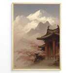 Ladda upp bild till gallerivisning, Japanske plakater | Traditional Japanese temple surrounded by cherry blossoms with Mount Fuji in the background, framed by dramatic clouds and mountain peaks under a soft, serene sky.
