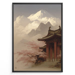 Ladda upp bild till gallerivisning, Japanske plakater | Traditional Japanese temple surrounded by cherry blossoms with Mount Fuji in the background, framed by dramatic clouds and mountain peaks under a soft, serene sky.
