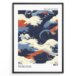 Ladda upp bild till gallerivisning, Japanske plakater | Abstract illustration of ocean waves in the style of Hokusai’s The Great Wave, using flowing patterns and a palette of navy blue, cream, red, and light blue.
