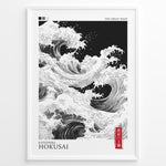 Ladda upp bild till gallerivisning, Japanske plakater | Black and white modern reinterpretation of Hokusai’s &quot;The Great Wave&quot; featuring swirling waves, minimalist design, and a red Japanese seal on a framed poster.
