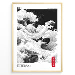 Ladda upp bild till gallerivisning, Japanske plakater | Black and white modern reinterpretation of Hokusai’s &quot;The Great Wave&quot; featuring swirling waves, minimalist design, and a red Japanese seal on a framed poster.
