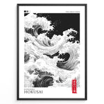 Ladda upp bild till gallerivisning, Japanske plakater | Black and white modern reinterpretation of Hokusai’s &quot;The Great Wave&quot; featuring swirling waves, minimalist design, and a red Japanese seal on a framed poster.
