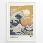 Ladda upp bild till gallerivisning, Japanske plakater | Modern version of Hokusai’s The Great Wave with golden sunset sky, crashing deep blue waves, and Mount Fuji in the distance.
