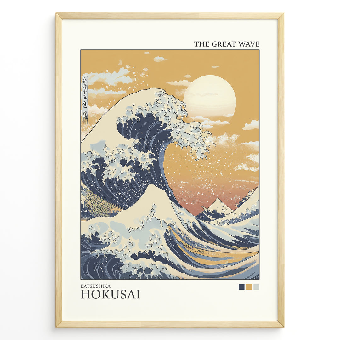 Japanske plakater | Modern version of Hokusai’s The Great Wave with golden sunset sky, crashing deep blue waves, and Mount Fuji in the distance.