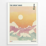 Ladda upp bild till gallerivisning, Japanske plakater | Pastel-style illustration of &quot;The Great Wave&quot; with large foamy waves under a warm orange and yellow sunset, inspired by Hokusai’s iconic woodblock print.

