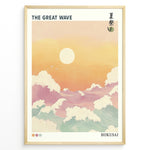 Ladda upp bild till gallerivisning, Japanske plakater | Pastel-style illustration of &quot;The Great Wave&quot; with large foamy waves under a warm orange and yellow sunset, inspired by Hokusai’s iconic woodblock print.

