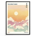 Ladda upp bild till gallerivisning, Japanske plakater | Pastel-style illustration of &quot;The Great Wave&quot; with large foamy waves under a warm orange and yellow sunset, inspired by Hokusai’s iconic woodblock print.
