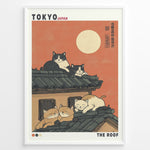 Ladda upp bild till gallerivisning, Japanske plakater | Illustration of five cats lounging on a Japanese-style tiled roof under a coral sunset sky with a full moon, styled like a modern Ukiyo-e poster labeled “Tokyo Japan” and “The Roof.”
