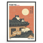 Ladda upp bild till gallerivisning, Japanske plakater | Illustration of five cats lounging on a Japanese-style tiled roof under a coral sunset sky with a full moon, styled like a modern Ukiyo-e poster labeled “Tokyo Japan” and “The Roof.”
