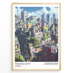 Ladda upp bild till gallerivisning, Japanske plakater | Poster of a colorful Tokyo cityscape featuring dense buildings with rooftop greenery, neon signs, and high-rise structures under a bright blue sky with clouds.
