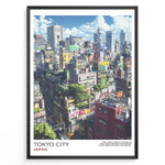 Ladda upp bild till gallerivisning, Japanske plakater | Poster of a colorful Tokyo cityscape featuring dense buildings with rooftop greenery, neon signs, and high-rise structures under a bright blue sky with clouds.
