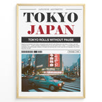Ladda upp bild till gallerivisning, Japanske plakater | Blurred motion photograph of cars crossing a busy intersection in Tokyo at dusk, with bright neon signs and tall buildings in the background, framed by a poster layout with the text &quot;TOKYO JAPAN&quot; and a description of Tokyo’s city life.
