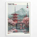 Ladda upp bild till gallerivisning, Japanske plakater | Illustration of the Senso-ji Temple in Tokyo, Japan, featuring a red pagoda, pink cherry blossom trees, a wooden bridge over water, and a mountain in the background, framed as a decorative travel poster.
