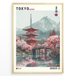 Ladda upp bild till gallerivisning, Japanske plakater | Illustration of the Senso-ji Temple in Tokyo, Japan, featuring a red pagoda, pink cherry blossom trees, a wooden bridge over water, and a mountain in the background, framed as a decorative travel poster.
