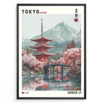 Ladda upp bild till gallerivisning, Japanske plakater | Illustration of the Senso-ji Temple in Tokyo, Japan, featuring a red pagoda, pink cherry blossom trees, a wooden bridge over water, and a mountain in the background, framed as a decorative travel poster.
