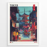 Ladda upp bild till gallerivisning, Japanske plakater | Illustrated poster of a night street scene in Tokyo with glowing lanterns, traditional Japanese shops, and a large illuminated pagoda in the background, styled in a neon, cyberpunk aesthetic.
