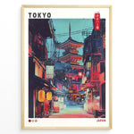 Ladda upp bild till gallerivisning, Japanske plakater | Illustrated poster of a night street scene in Tokyo with glowing lanterns, traditional Japanese shops, and a large illuminated pagoda in the background, styled in a neon, cyberpunk aesthetic.

