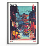 Ladda upp bild till gallerivisning, Japanske plakater | Illustrated poster of a night street scene in Tokyo with glowing lanterns, traditional Japanese shops, and a large illuminated pagoda in the background, styled in a neon, cyberpunk aesthetic.
