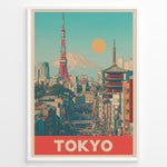 Ladda upp bild till gallerivisning, Japanske plakater | Retro-style poster of Tokyo cityscape with Tokyo Tower, a traditional pagoda, and Mount Fuji in the background under a yellow sun and turquoise sky.
