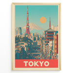 Ladda upp bild till gallerivisning, Japanske plakater | Retro-style poster of Tokyo cityscape with Tokyo Tower, a traditional pagoda, and Mount Fuji in the background under a yellow sun and turquoise sky.
