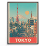 Ladda upp bild till gallerivisning, Japanske plakater | Retro-style poster of Tokyo cityscape with Tokyo Tower, a traditional pagoda, and Mount Fuji in the background under a yellow sun and turquoise sky.
