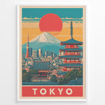 Ladda upp bild till gallerivisning, Japanske plakater | Retro-style Tokyo poster showing Mount Fuji, Tokyo Tower, and a traditional red pagoda with a large red sun setting over a colorful cityscape.
