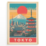 Ladda upp bild till gallerivisning, Japanske plakater | Retro-style Tokyo poster showing Mount Fuji, Tokyo Tower, and a traditional red pagoda with a large red sun setting over a colorful cityscape.
