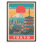 Ladda upp bild till gallerivisning, Japanske plakater | Retro-style Tokyo poster showing Mount Fuji, Tokyo Tower, and a traditional red pagoda with a large red sun setting over a colorful cityscape.
