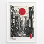 Ladda upp bild till gallerivisning, Japanske plakater | Stylized black and gray illustration of a Tokyo street with buildings, power lines, and Japanese signs, featuring a large red sun in the sky.
