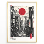Ladda upp bild till gallerivisning, Japanske plakater | Stylized black and gray illustration of a Tokyo street with buildings, power lines, and Japanese signs, featuring a large red sun in the sky.

