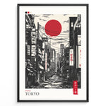 Ladda upp bild till gallerivisning, Japanske plakater | Stylized black and gray illustration of a Tokyo street with buildings, power lines, and Japanese signs, featuring a large red sun in the sky.
