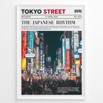 Ladda upp bild till gallerivisning, Japanske plakater | Poster styled like a newspaper cover showing a crowded Tokyo street at night, with glowing neon signs in Japanese and a headline reading &quot;The Japanese Rhythm.&quot;
