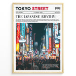 Ladda upp bild till gallerivisning, Japanske plakater | Poster styled like a newspaper cover showing a crowded Tokyo street at night, with glowing neon signs in Japanese and a headline reading &quot;The Japanese Rhythm.&quot;
