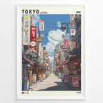 Ladda upp bild till gallerivisning, Japanske plakater | Retro-style poster of a colorful Tokyo street scene from 1988, showing restaurants, shop signs, and power lines under a blue sky with clouds.
