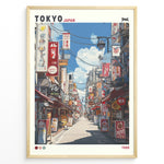Ladda upp bild till gallerivisning, Japanske plakater | Retro-style poster of a colorful Tokyo street scene from 1988, showing restaurants, shop signs, and power lines under a blue sky with clouds.
