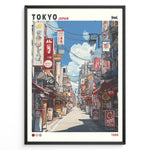 Ladda upp bild till gallerivisning, Japanske plakater | Retro-style poster of a colorful Tokyo street scene from 1988, showing restaurants, shop signs, and power lines under a blue sky with clouds.
