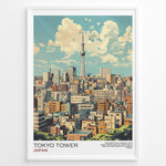 Ladda upp bild till gallerivisning, Japanske plakater | Illustrated poster of Tokyo&#39;s skyline with Tokyo Skytree in the background, framed artwork titled &quot;Tokyo Tower Japan&quot; featuring colorful buildings under a partly cloudy sky.
