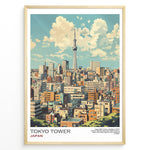 Ladda upp bild till gallerivisning, Japanske plakater | Illustrated poster of Tokyo&#39;s skyline with Tokyo Skytree in the background, framed artwork titled &quot;Tokyo Tower Japan&quot; featuring colorful buildings under a partly cloudy sky.
