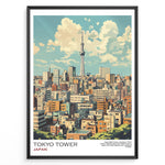 Ladda upp bild till gallerivisning, Japanske plakater | Illustrated poster of Tokyo&#39;s skyline with Tokyo Skytree in the background, framed artwork titled &quot;Tokyo Tower Japan&quot; featuring colorful buildings under a partly cloudy sky.
