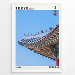 Ladda upp bild till gallerivisning, Japanske plakater | Close-up of the colorful and ornate roof of Senso-ji temple in Tokyo, Japan, with traditional Japanese roof tiles and blue sky background.
