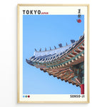 Ladda upp bild till gallerivisning, Japanske plakater | Close-up of the colorful and ornate roof of Senso-ji temple in Tokyo, Japan, with traditional Japanese roof tiles and blue sky background.
