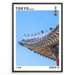 Ladda upp bild till gallerivisning, Japanske plakater | Close-up of the colorful and ornate roof of Senso-ji temple in Tokyo, Japan, with traditional Japanese roof tiles and blue sky background.

