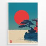 Ladda upp bild till gallerivisning, Japanske plakater | Poster of a Japanese temple with a bonsai tree and a person sitting near the water, with a large red sun setting against a blue-green sky.
