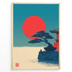 Ladda upp bild till gallerivisning, Japanske plakater | Poster of a Japanese temple with a bonsai tree and a person sitting near the water, with a large red sun setting against a blue-green sky.
