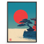 Ladda upp bild till gallerivisning, Japanske plakater | Poster of a Japanese temple with a bonsai tree and a person sitting near the water, with a large red sun setting against a blue-green sky.
