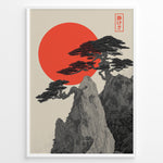 Ladda upp bild till gallerivisning, Japanske plakater | Minimalist Japanese-style artwork featuring detailed black trees on rocky cliffs with a large red sun in the background and a red kanji stamp symbolizing tranquility.
