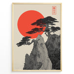 Ladda upp bild till gallerivisning, Japanske plakater | Minimalist Japanese-style artwork featuring detailed black trees on rocky cliffs with a large red sun in the background and a red kanji stamp symbolizing tranquility.
